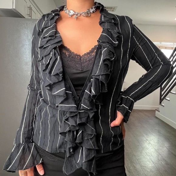Black Anne Fontaine Paris whimsigoth Victorian ruffle chic zip up longsleeve top - Picture 5 of 5